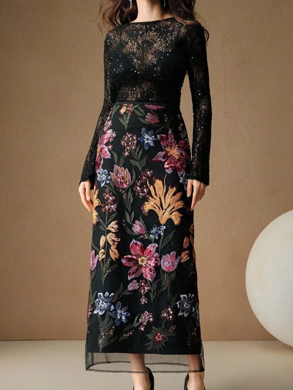 Black Elegant Women's Beaded Floral Embroidery Midi Skirt